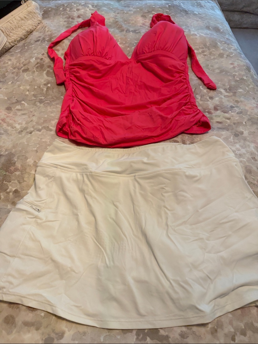 Pink Halter Tankini Top with White Swim Skirt
